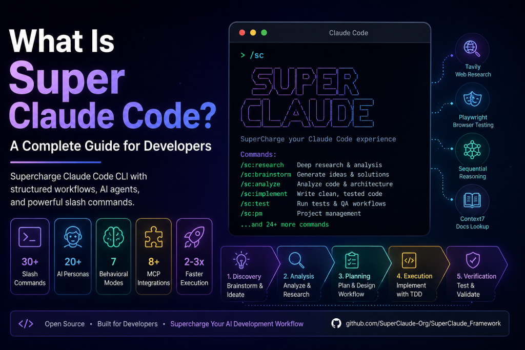 Super Claude Code dashboard showing slash commands, AI personas, MCP integrations, and the Claude Code development workflow.