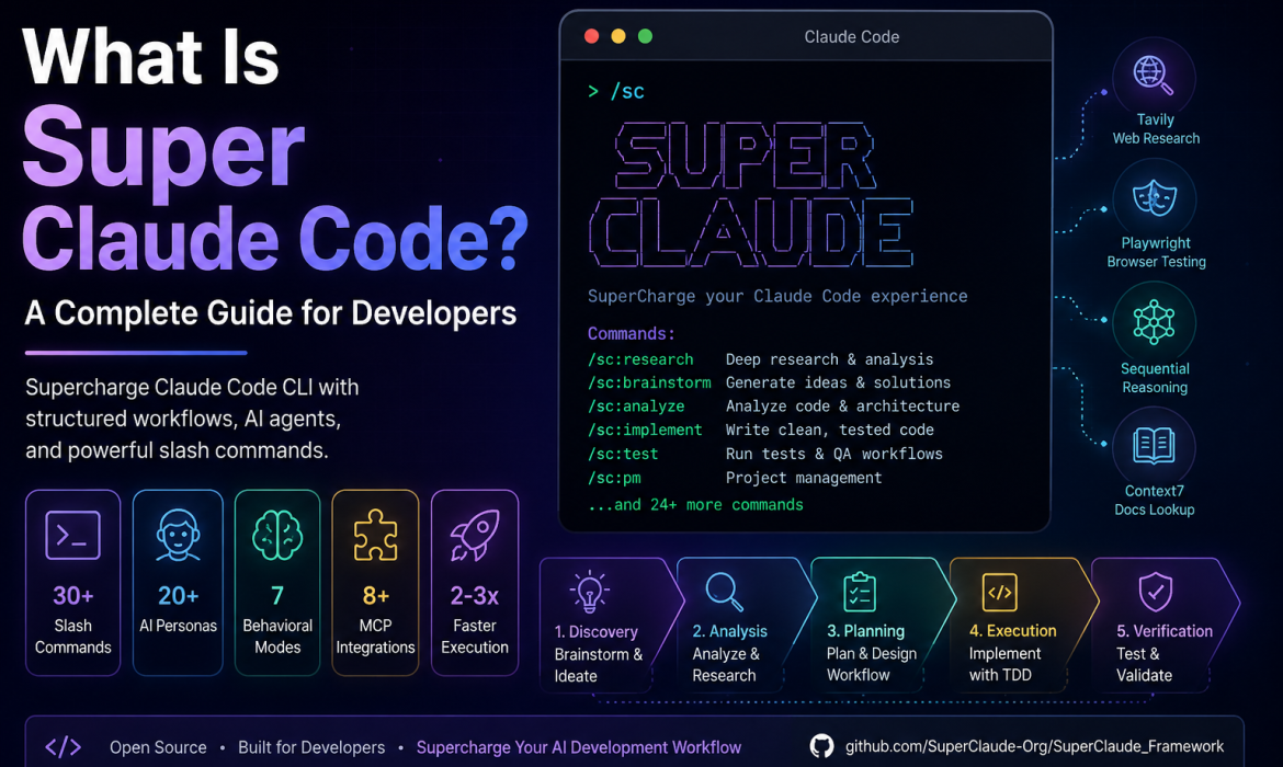 Super Claude Code dashboard showing slash commands, AI personas, MCP integrations, and the Claude Code development workflow.
