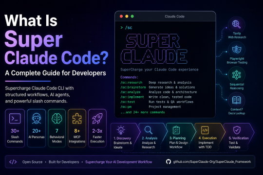Super Claude Code dashboard showing slash commands, AI personas, MCP integrations, and the Claude Code development workflow.